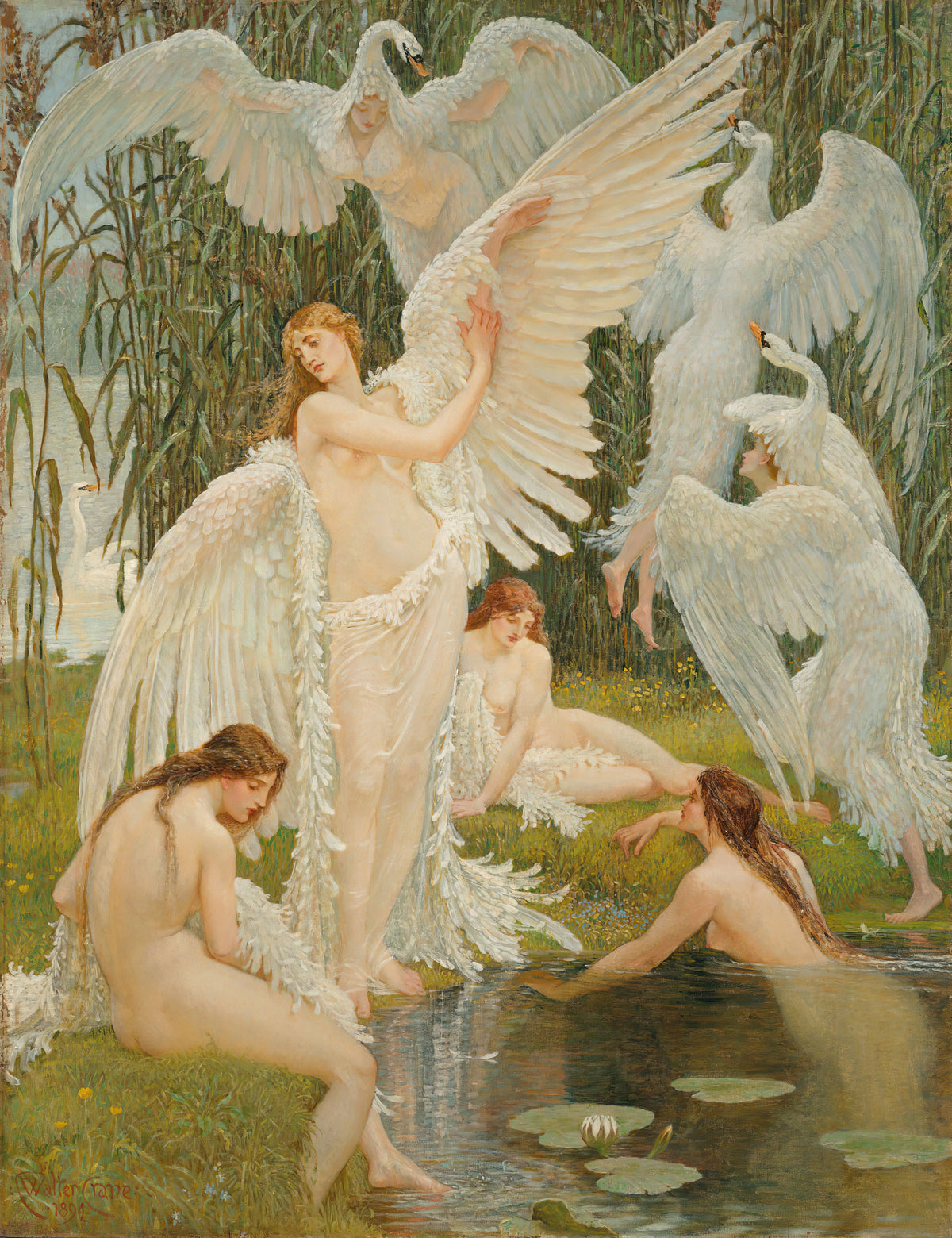 Artistic depiction of swans and nude figures in a natural setting